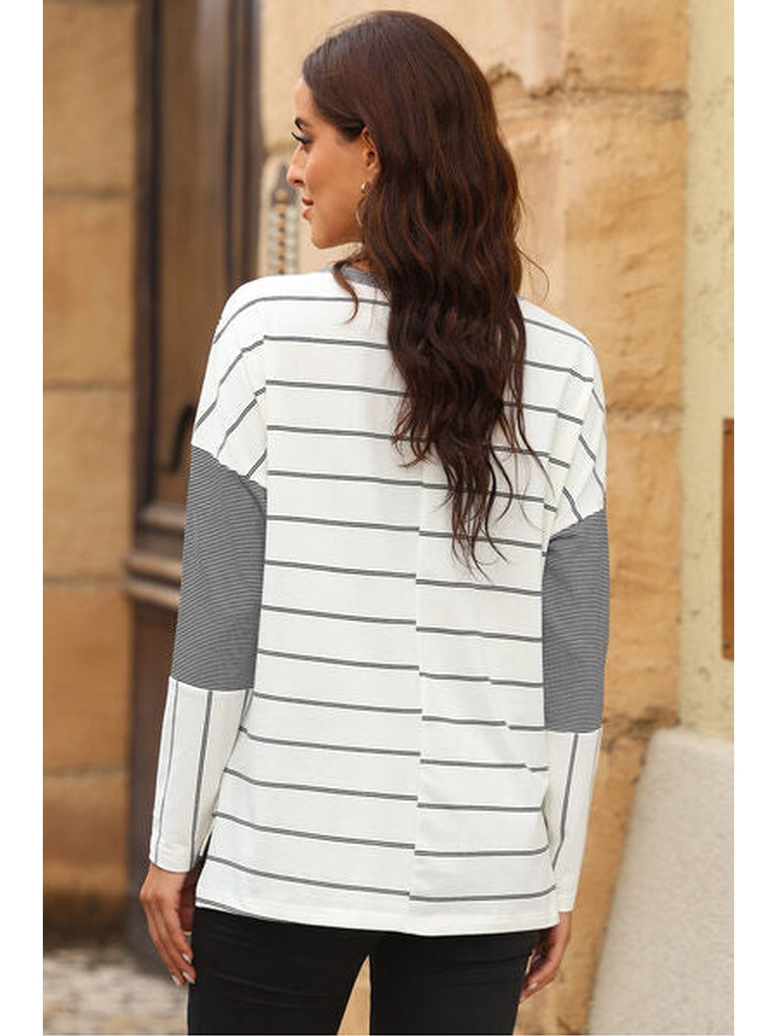 Women Pocketed Striped Round Neck T-Shirt nicholesgifts