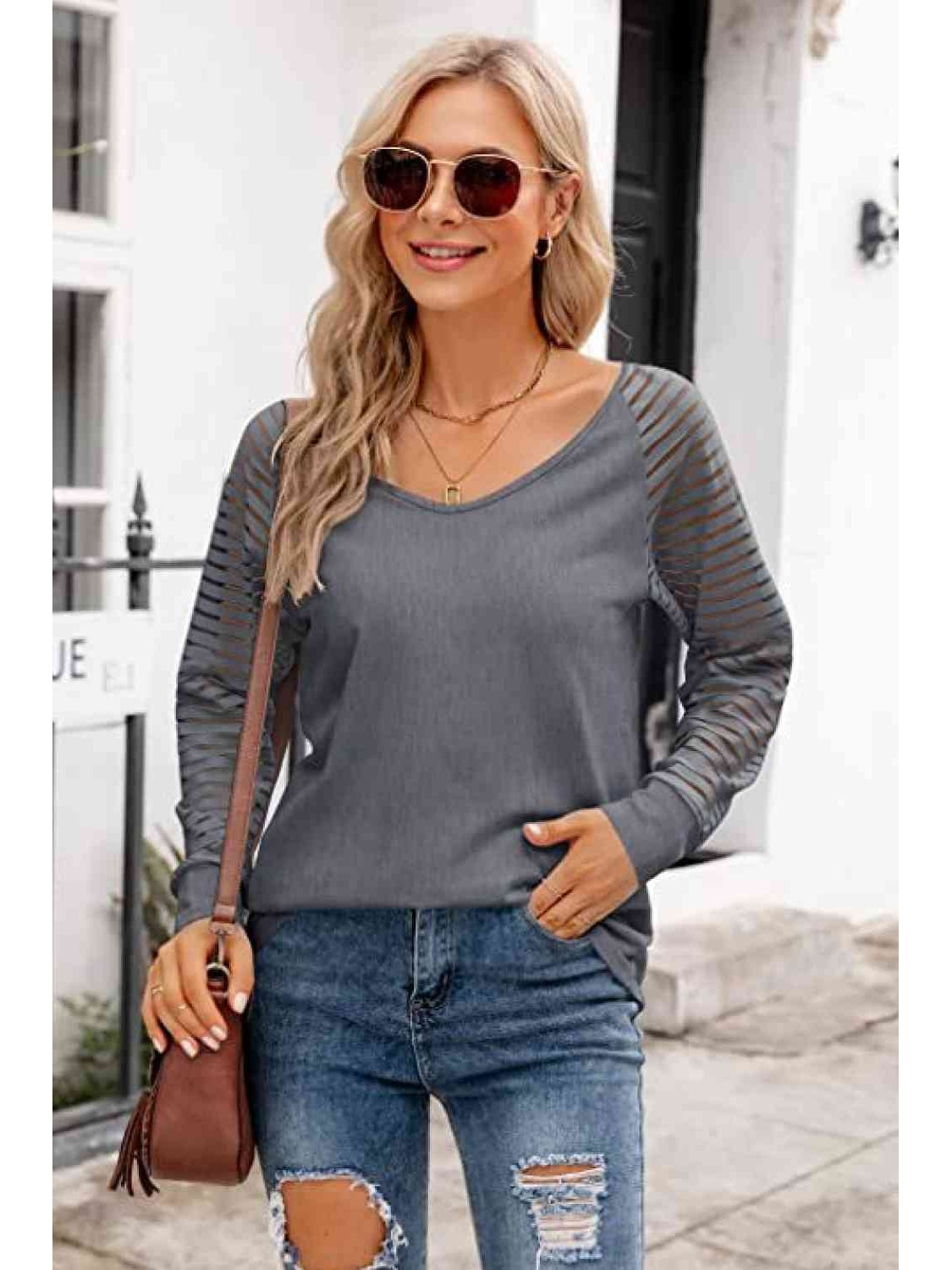 Women V-Neck Long Raglan Sleeve Top nicholesgifts