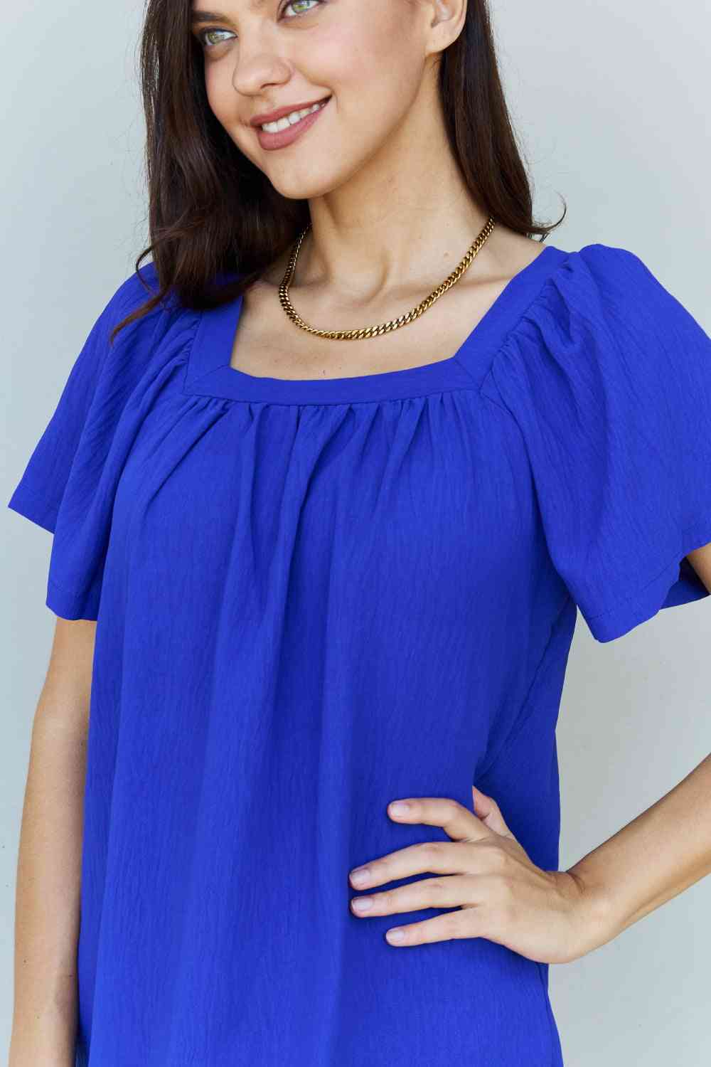 Women Keep Me Close Square Neck Short Sleeve Blouse in Royal Blue - Nicholesgifts.online