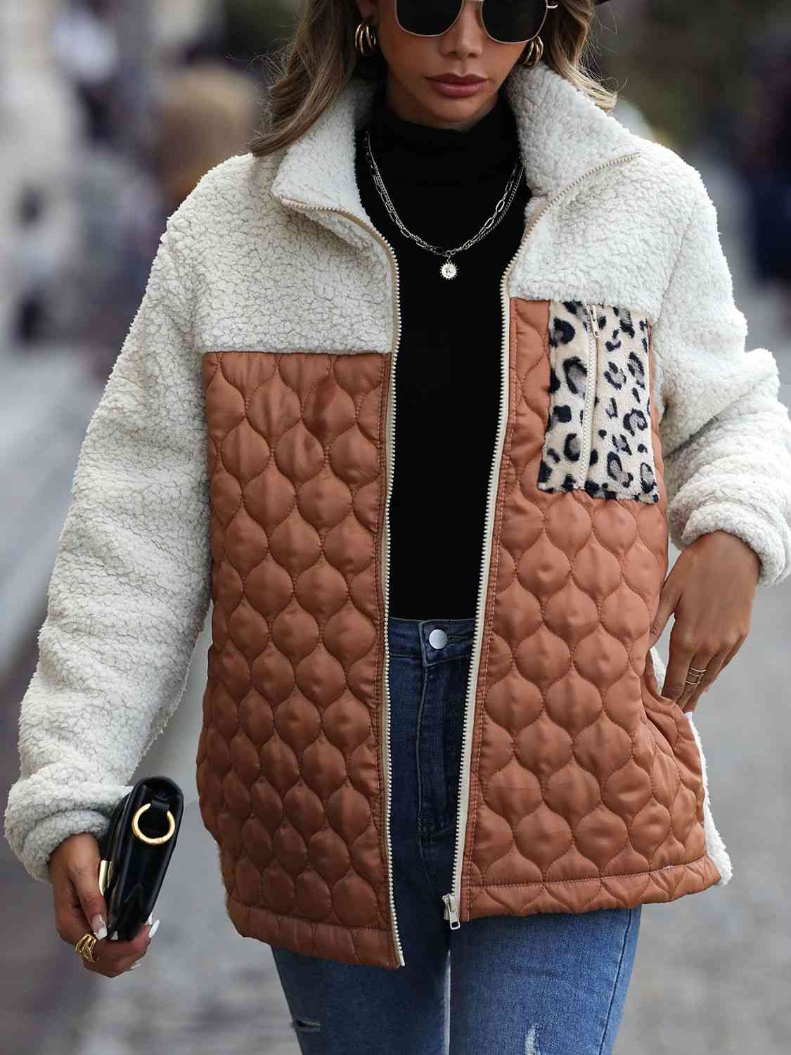 Women Leopard Color Block Zip-Up Jacket nicholesgifts