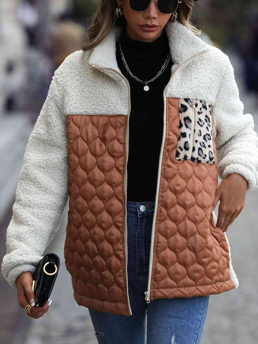 Women Leopard Color Block Zip-Up Jacket