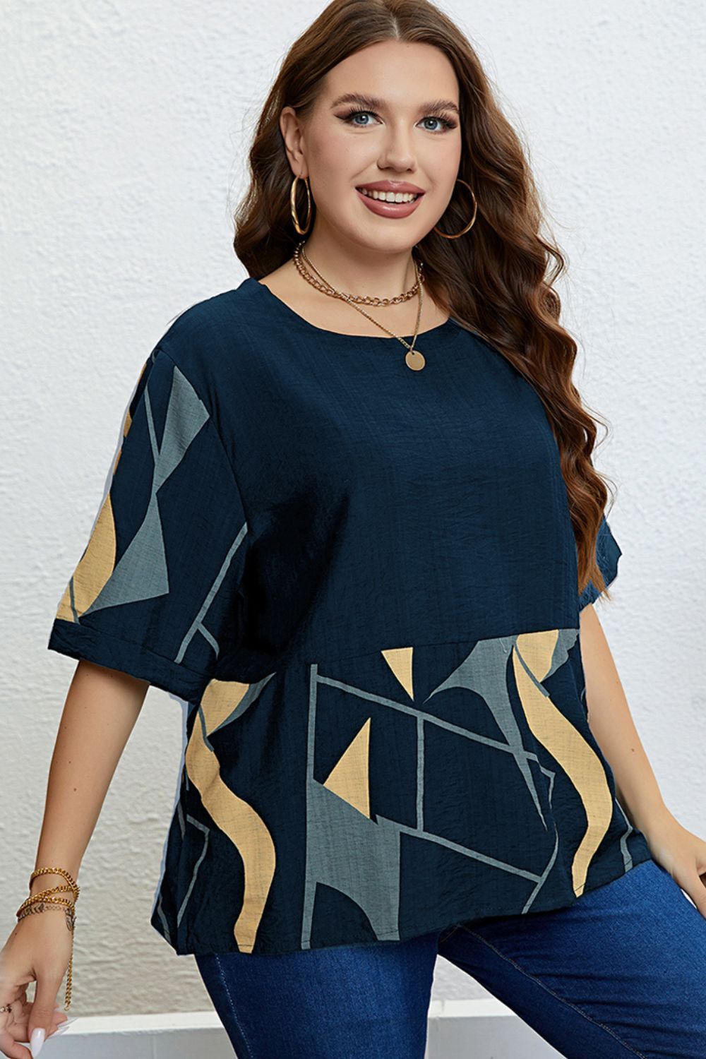 Stylish Plus Size Women's Printed Half Sleeve Tops, Fashionable Curvy Clothing