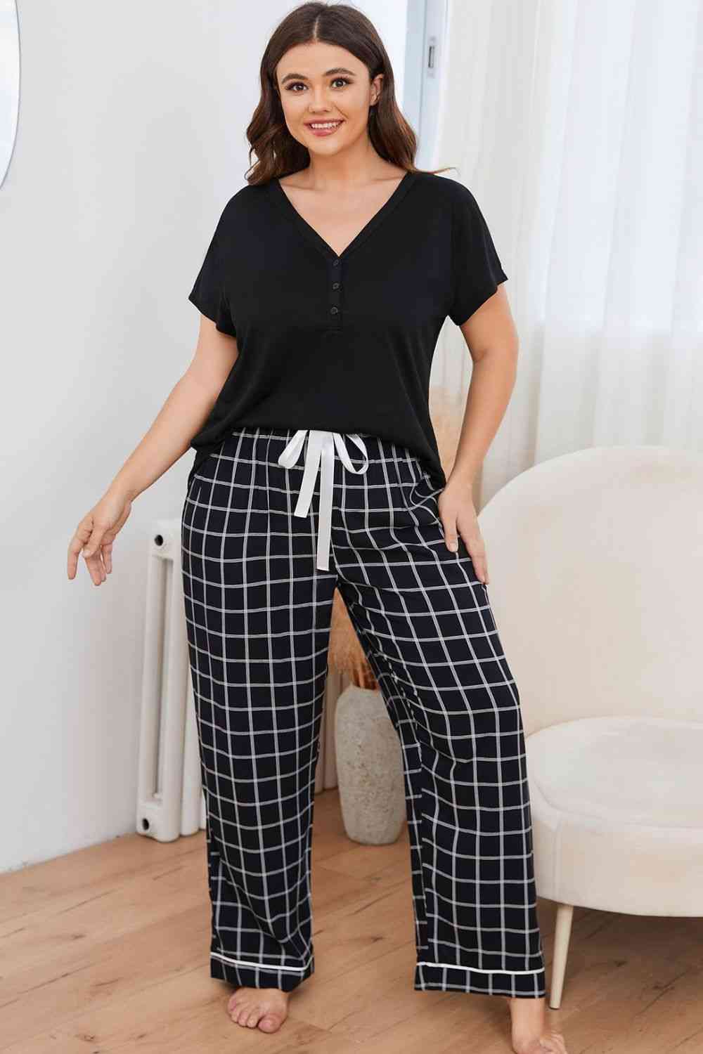 Women Plus Size V-Neck Top and Plaid Pants Lounge Set nicholesgifts