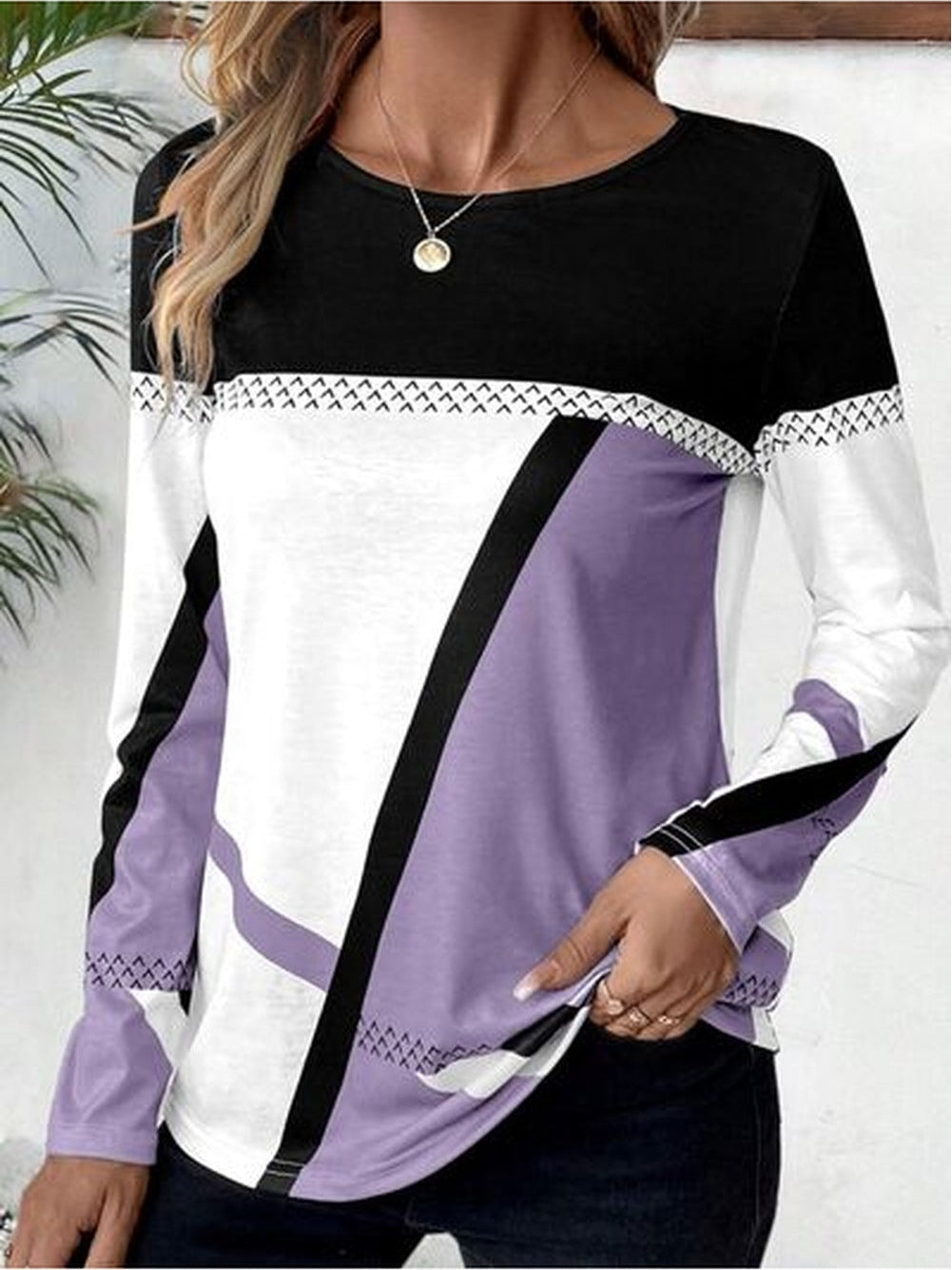 Women Contrast Round Neck Long Sleeve T-Shirt nicholesgifts