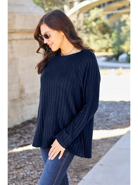 Women Basic Full Size Ribbed Round Neck Long Sleeve Knit Top nicholesgifts