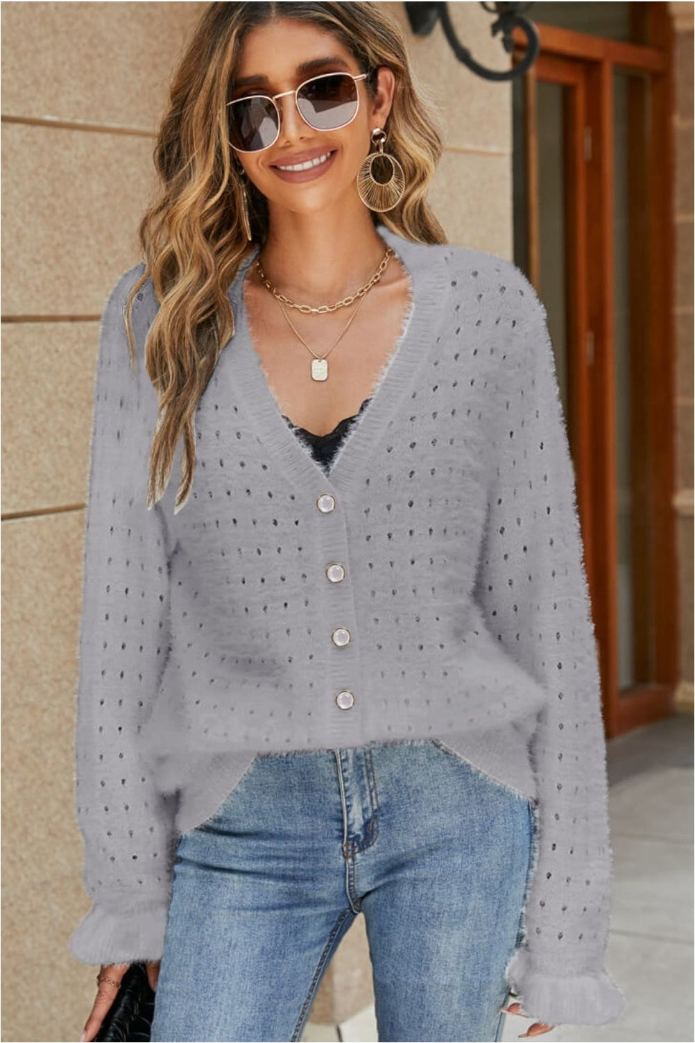 Women Openwork Flounce Sleeve Button-Up Fuzzy Cardigan nicholesgifts