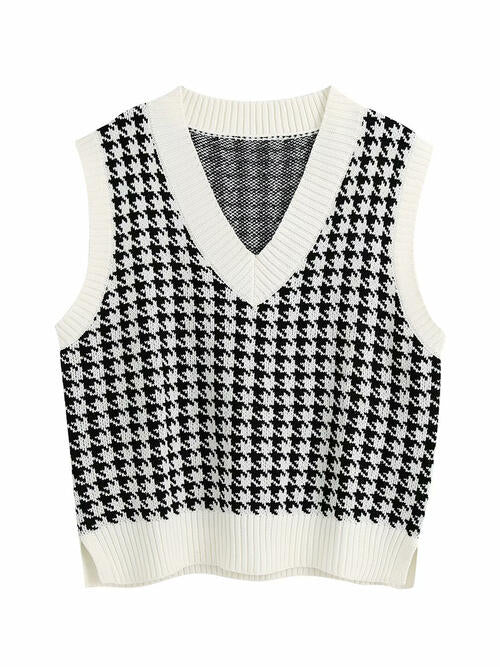 Women Houndstooth V-Neck Sweater Vest nicholesgifts