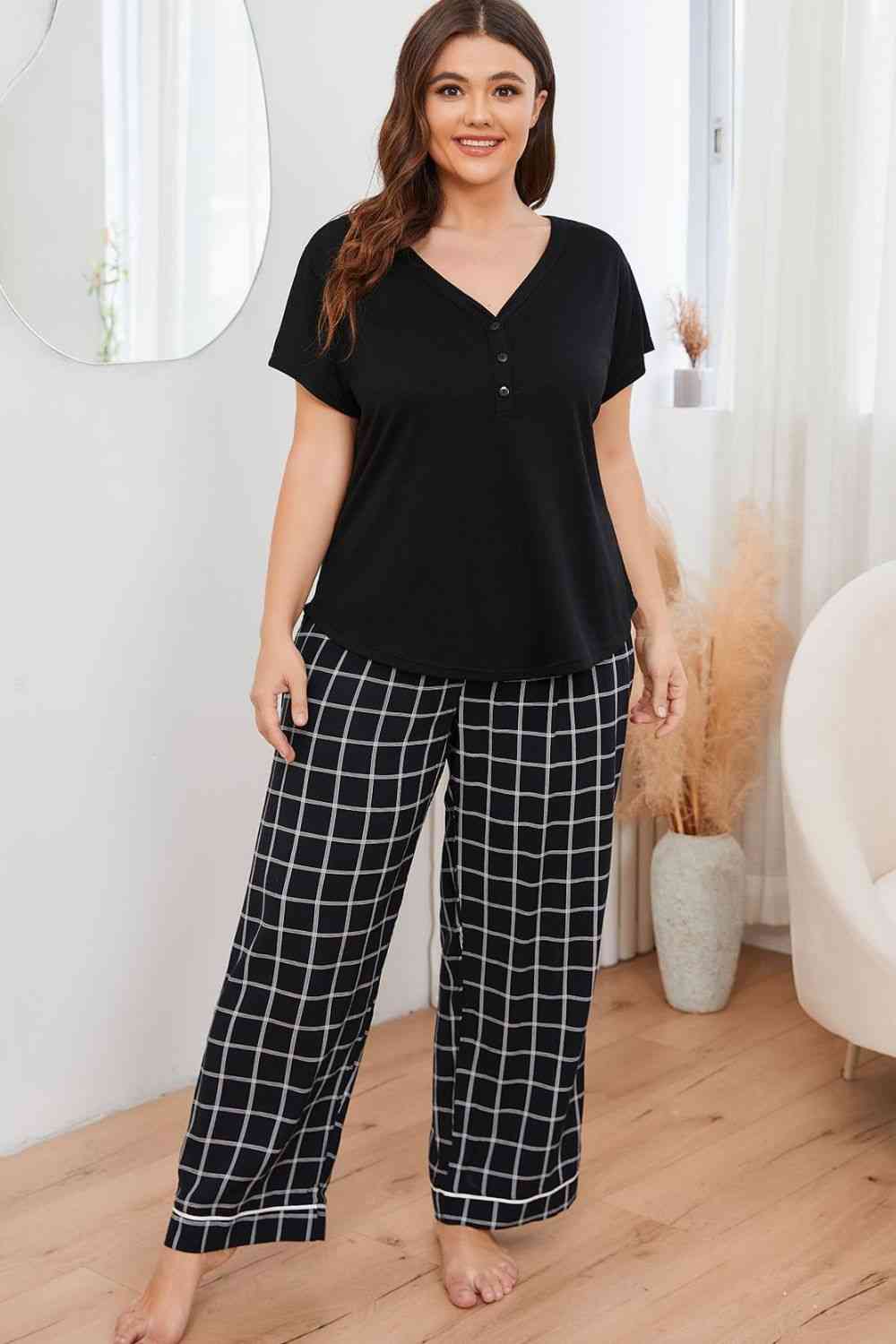 Women Plus Size V-Neck Top and Plaid Pants Lounge Set nicholesgifts