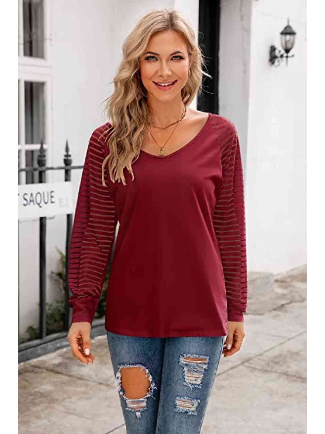 Women V-Neck Long Raglan Sleeve Top nicholesgifts