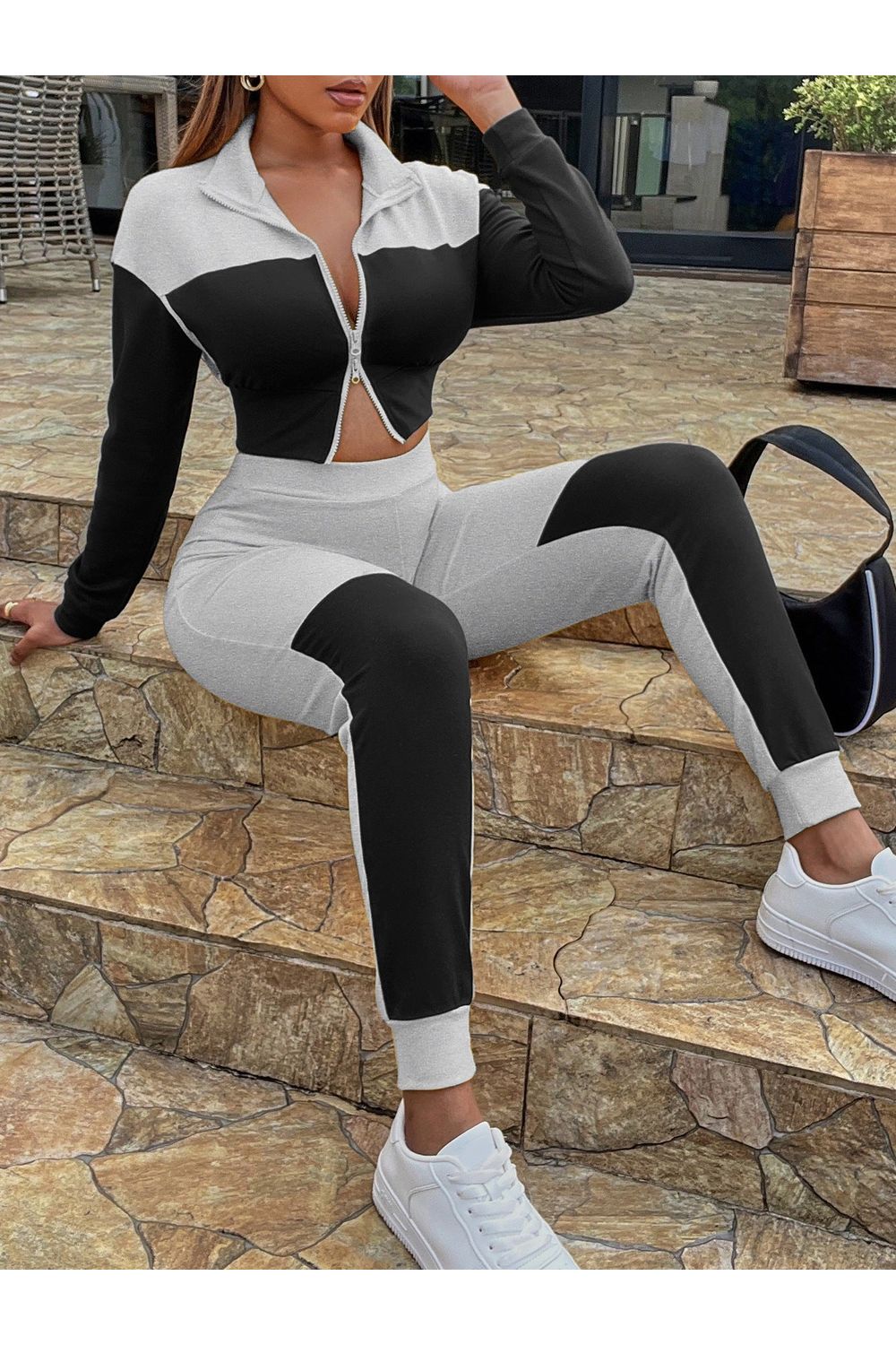 Two-Tone Collared Neck Top and Joggers Set