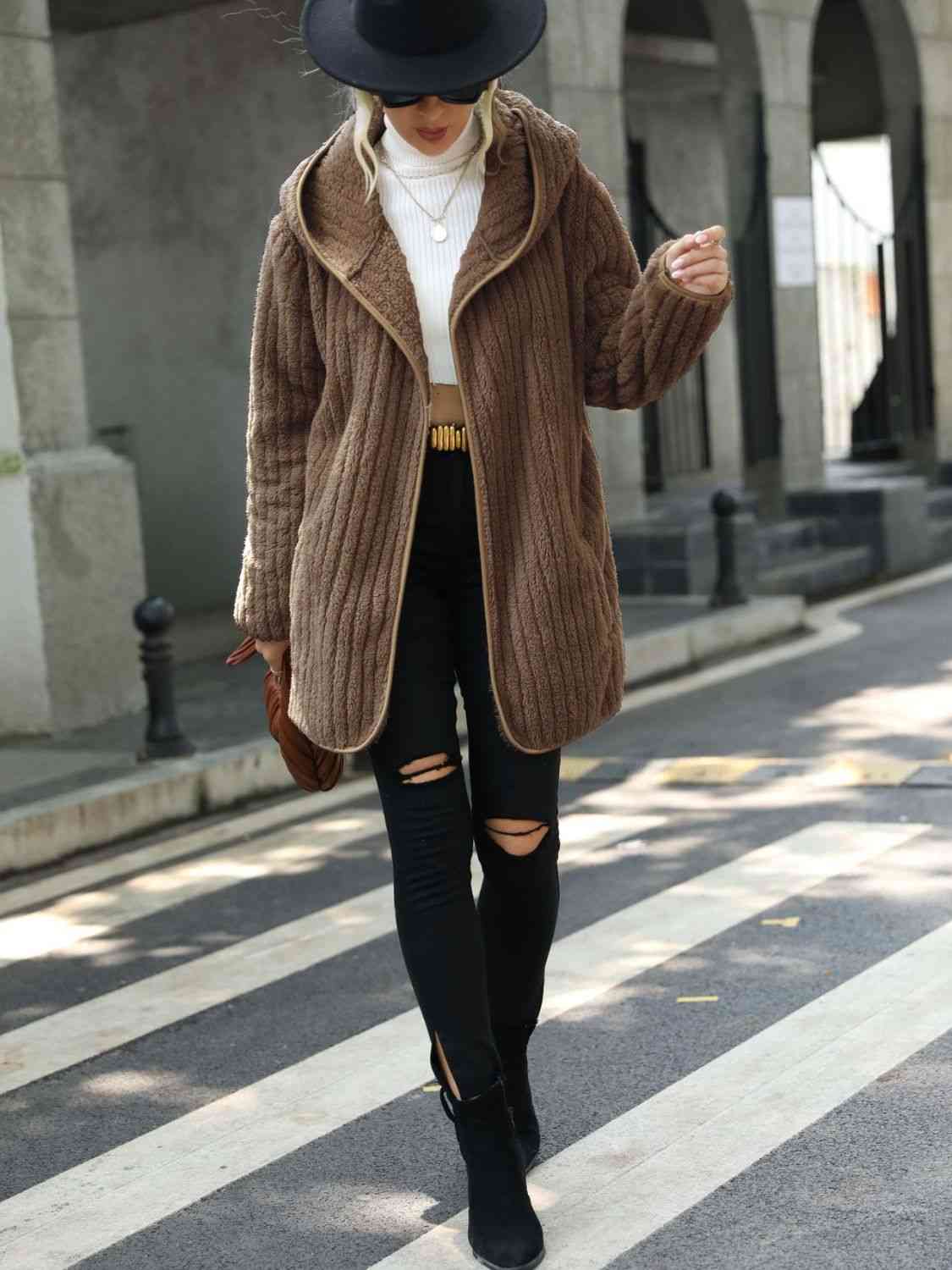 Women Open Front Ribbed Hooded Coat nicholesgifts