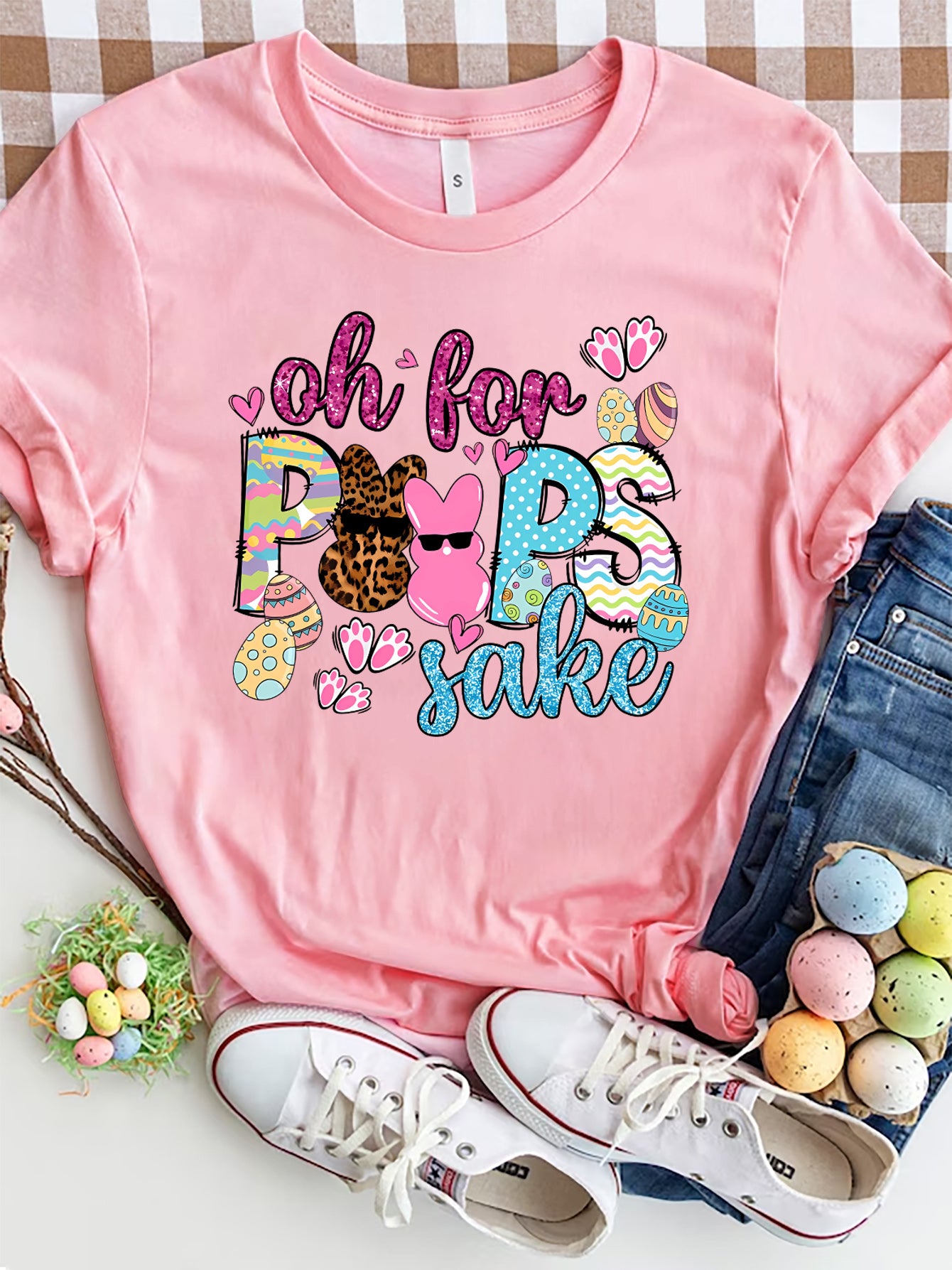Women Oh For Peeps Sake Round Neck Easter T-Shirt NicholesGifts