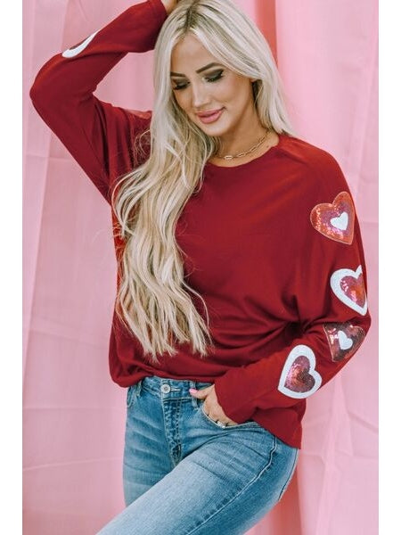 Women Heart Sequin Round Neck Long Sleeve Valentine's Day T-Shirt nicholesgifts