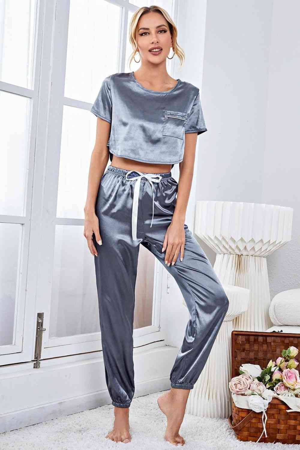 Women Satin Short Sleeve Crop Top and Joggers Lounge Set nicholesgifts