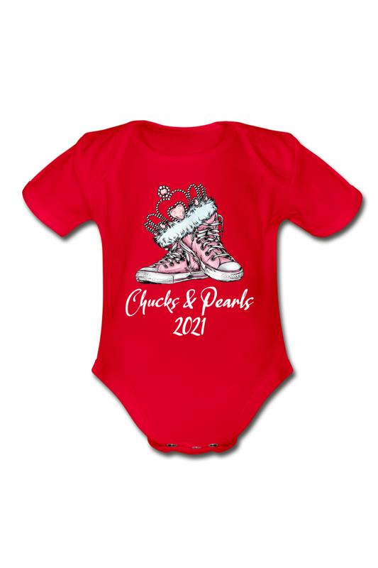 Baby Girl Crown Chucks and Pearls Short Sleeve Baby Bodysuit - Red - NicholesGifts.online