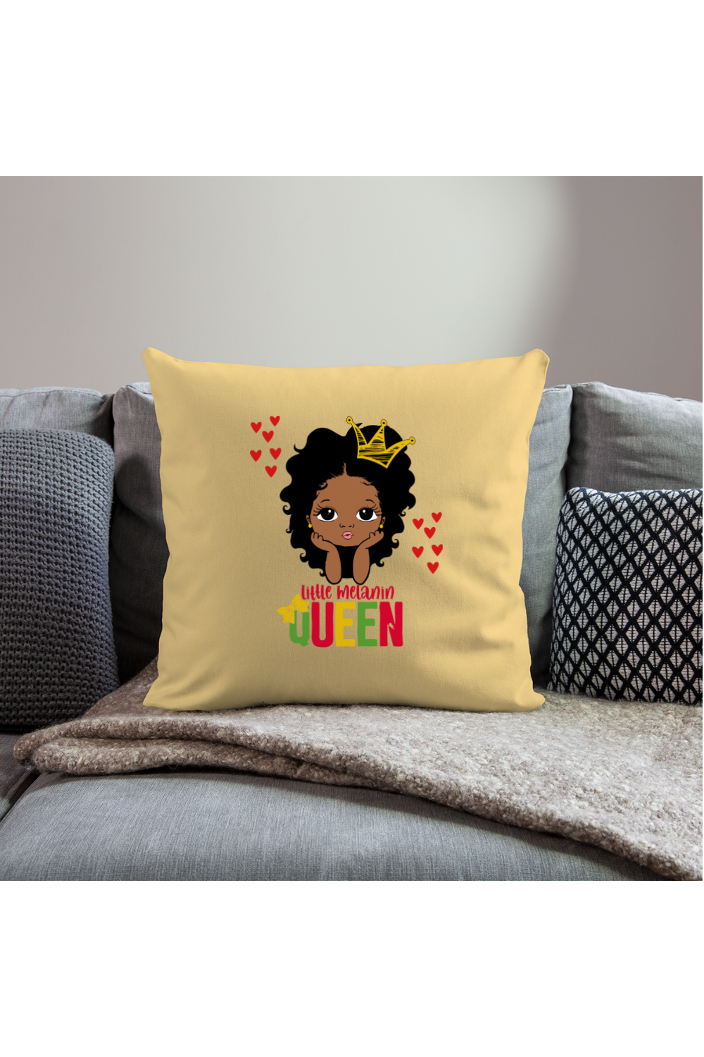 Little Melanin Queen Throw Pillow Cover 18” x 18” - washed yellow