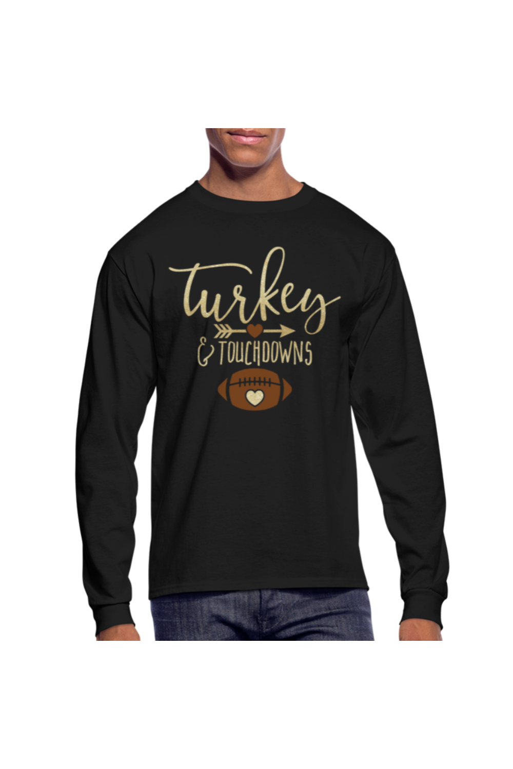 Men Thanksgiving T-Shirt Turkey and Touchdowns Long Sleeve - black - NicholesGifts.online