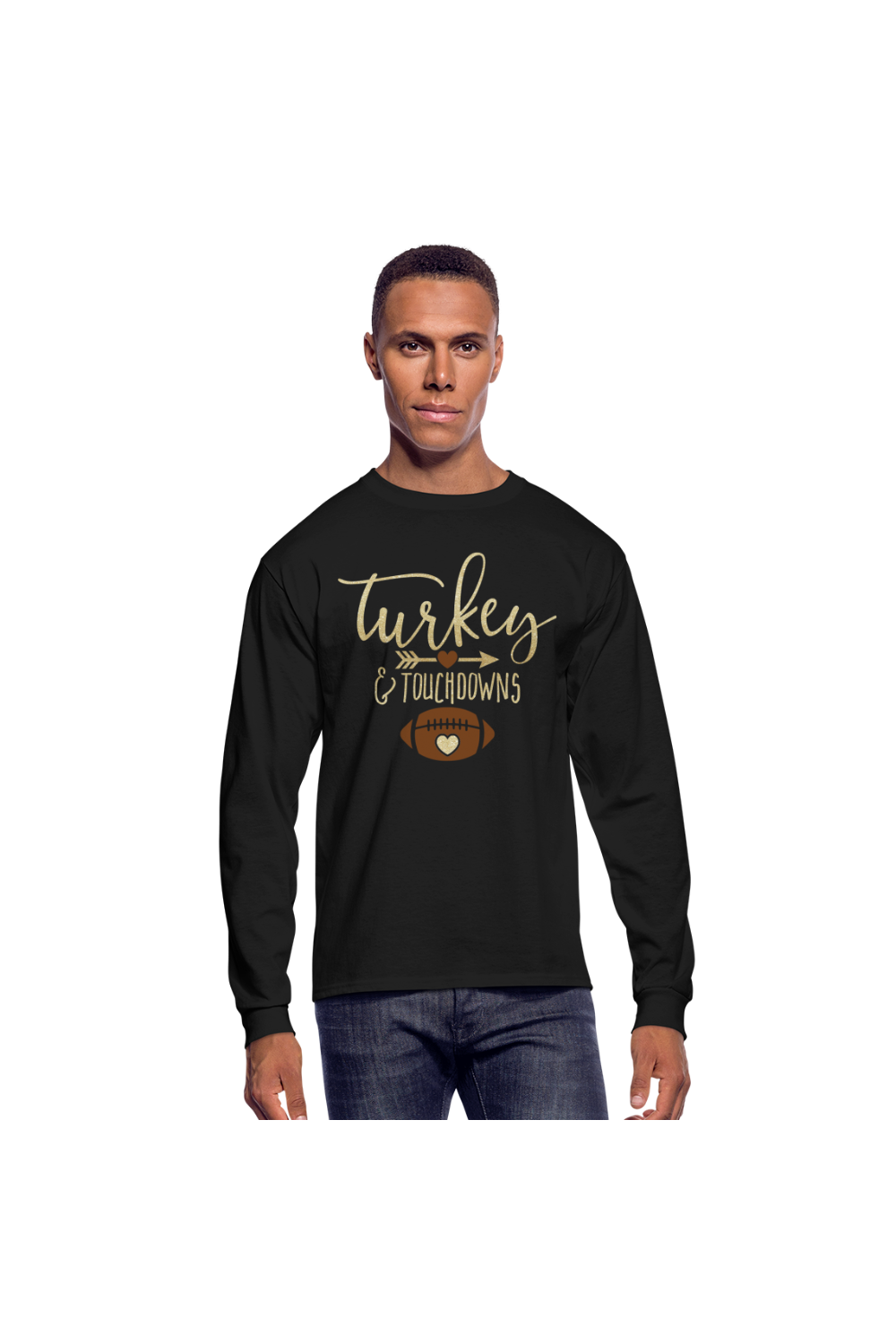 Men Thanksgiving T-Shirt Turkey and Touchdowns Long Sleeve - black