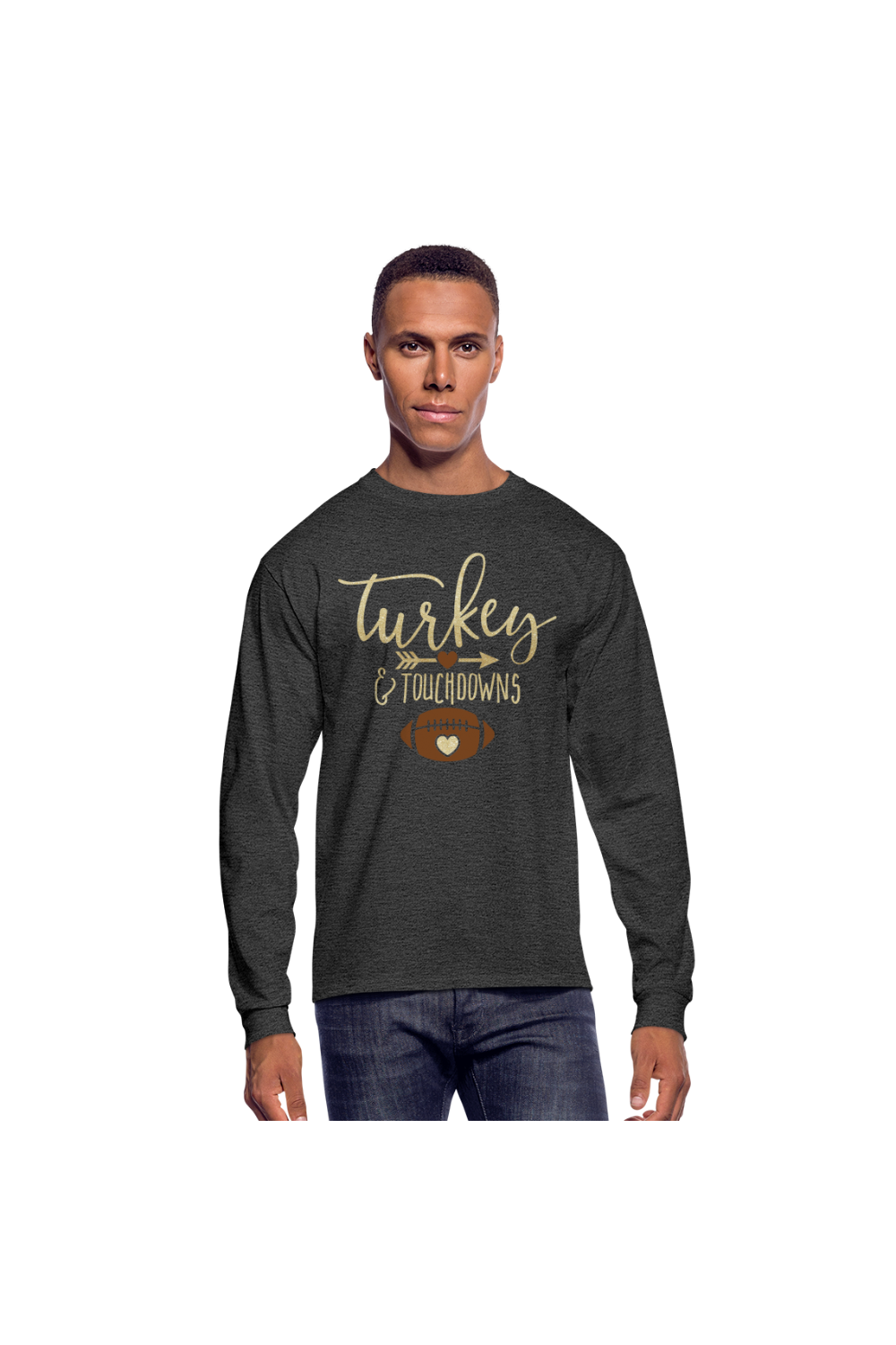 Men Thanksgiving T-Shirt Turkey and Touchdowns Long Sleeve - heather black