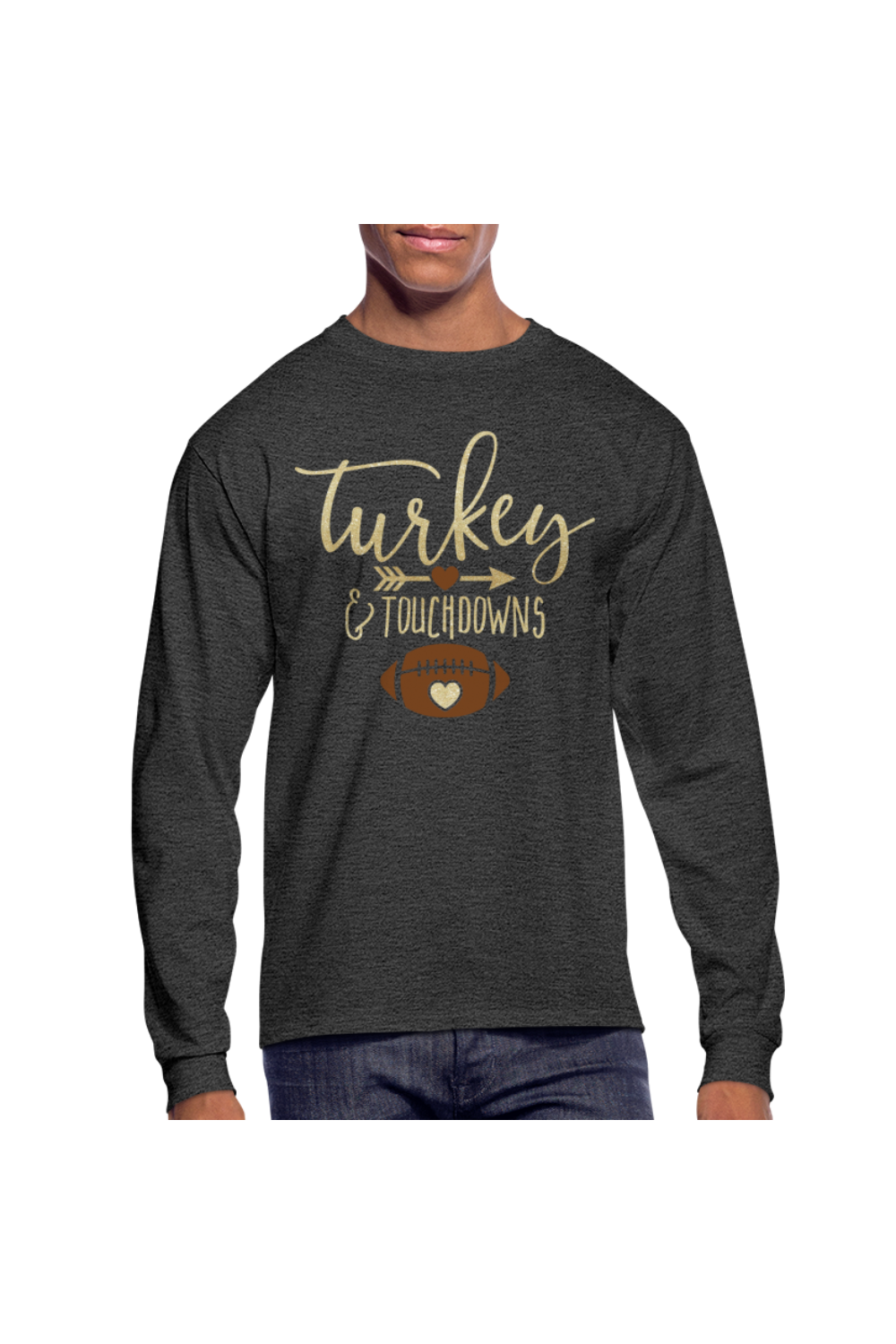 Men Thanksgiving T-Shirt Turkey and Touchdowns Long Sleeve - heather black - NicholesGifts.online