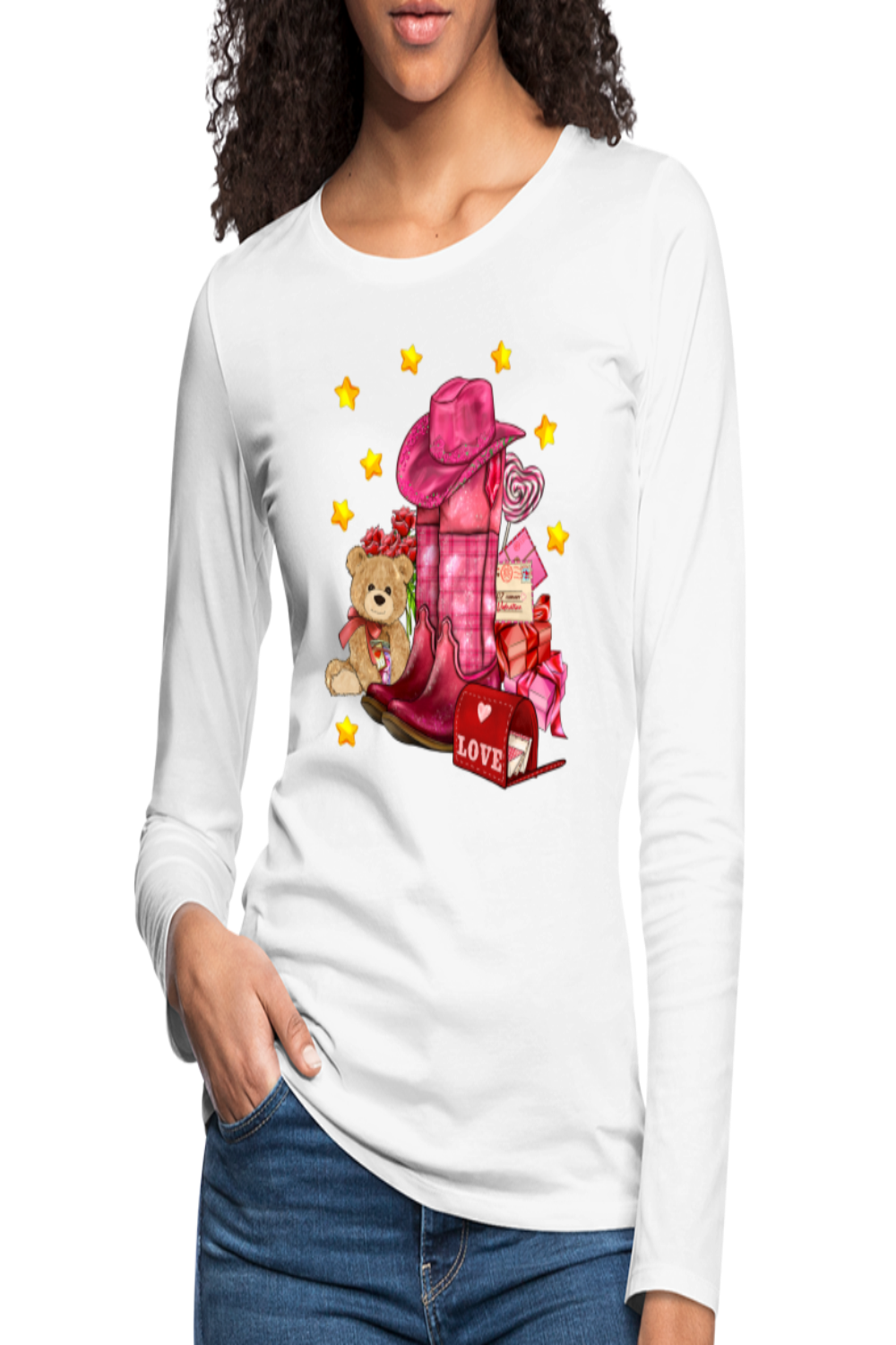Women's Valentine's Day Cow Girl Hat and Boots Long Sleeve T-Shirt - white  - NicholesGifts.online