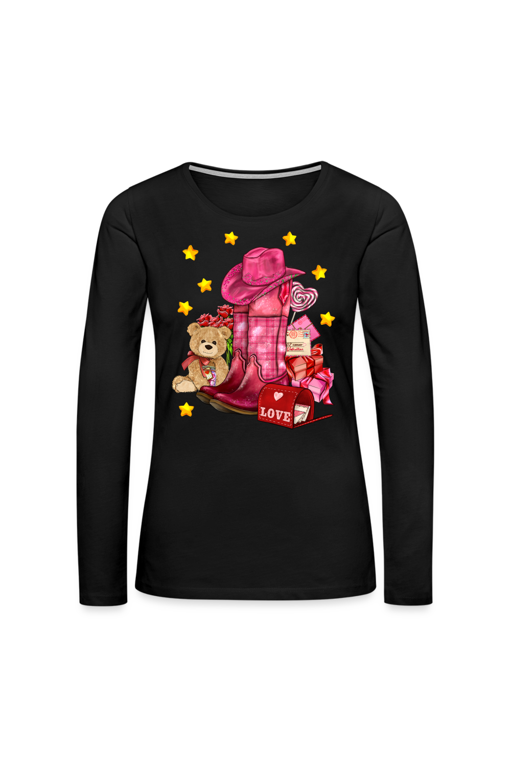 Women's Valentine's Day Cow Girl Hat and Boots Long Sleeve T-Shirt - black
