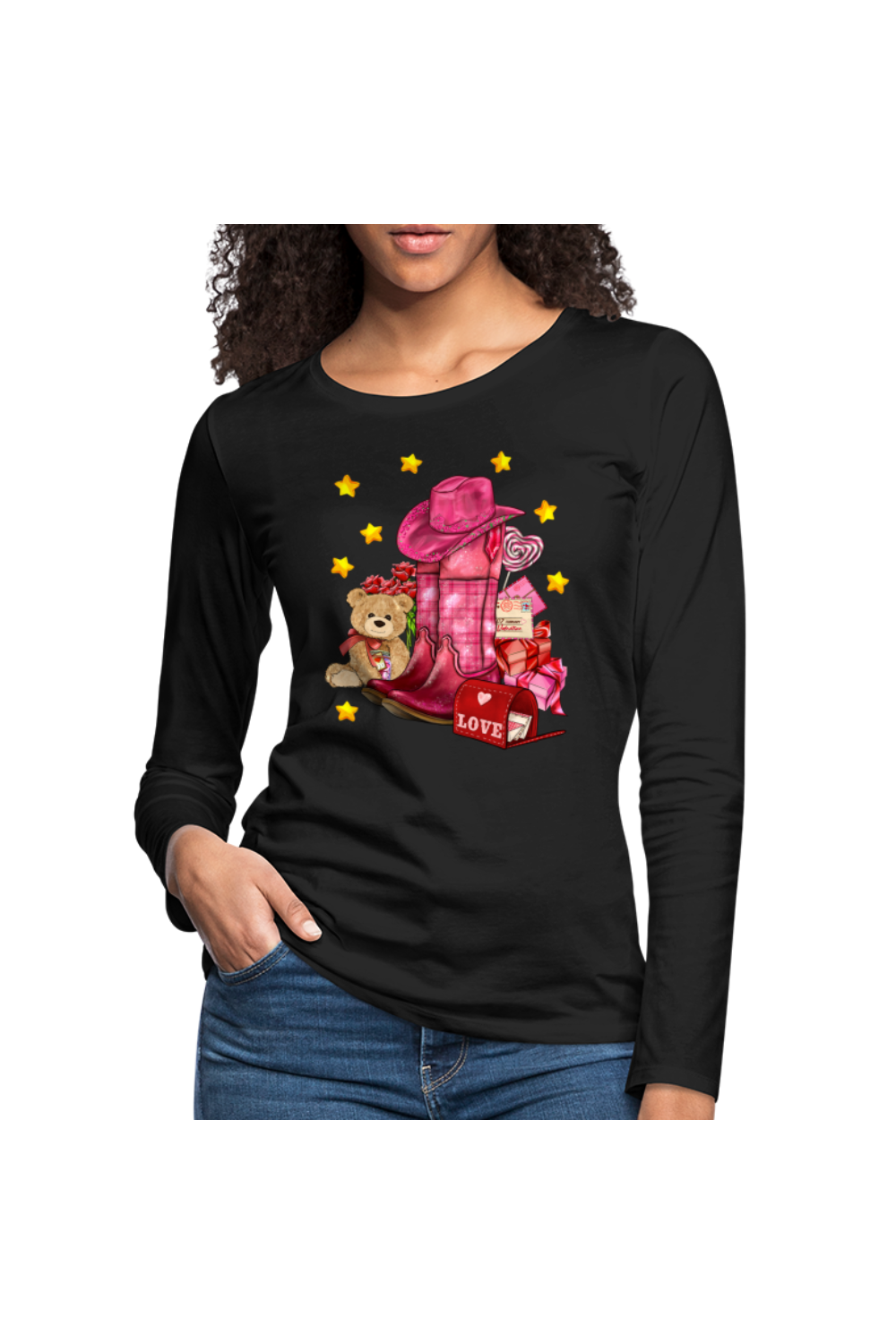 Women's Valentine's Day Cow Girl Hat and Boots Long Sleeve T-Shirt - black