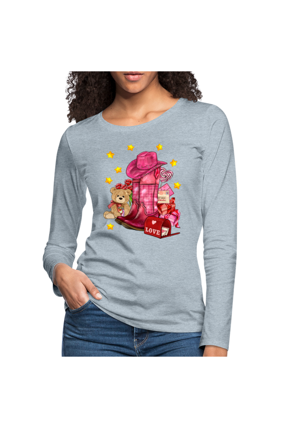 Women's Valentine's Day Cow Girl Hat and Boots Long Sleeve T-Shirt - heather ice blue - NicholesGifts.online