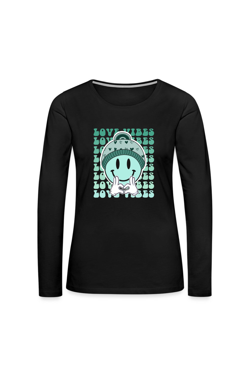 Women's Blue Smiley Face Love Vibes Valentine's Day Long Sleeve T-Shirt - black - NicholesGifts.online