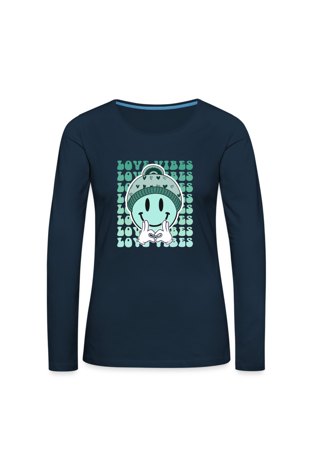 Women's Blue Smiley Face Love Vibes Valentine's Day Long Sleeve T-Shirt - deep navy - NicholesGifts.online