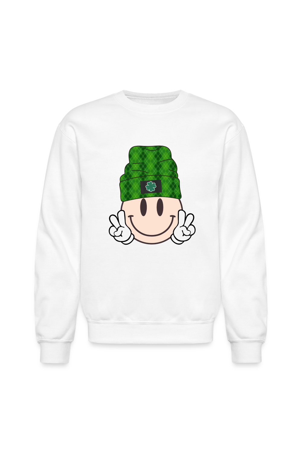 Women Smiley Face with Beanie Hat St. Patrick's Day Green Long Sleeve Sweatshirt nicholesgifts