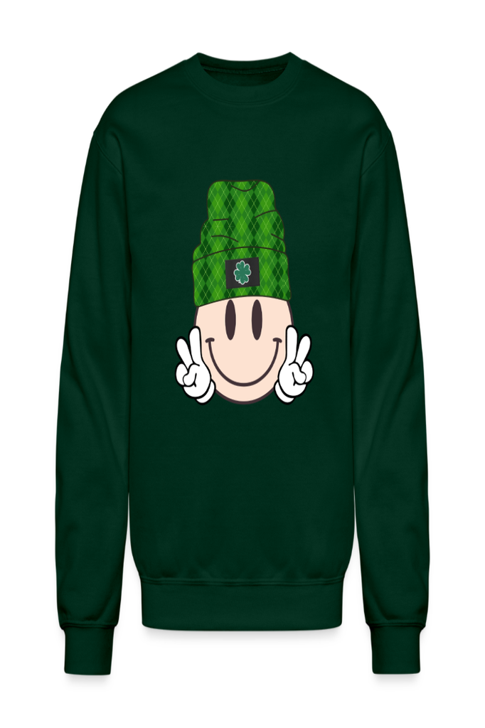 Women Smiley Face with Beanie Hat St. Patrick's Day Green Long Sleeve Sweatshirt nicholesgifts