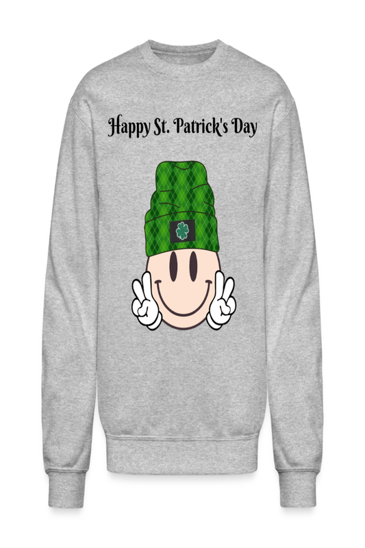 Women Smiley Face with Beanie Hat Happy St. Patrick's Day Crewneck Long Sleeve Sweatshirt - heather gray - NicholesGifts.online