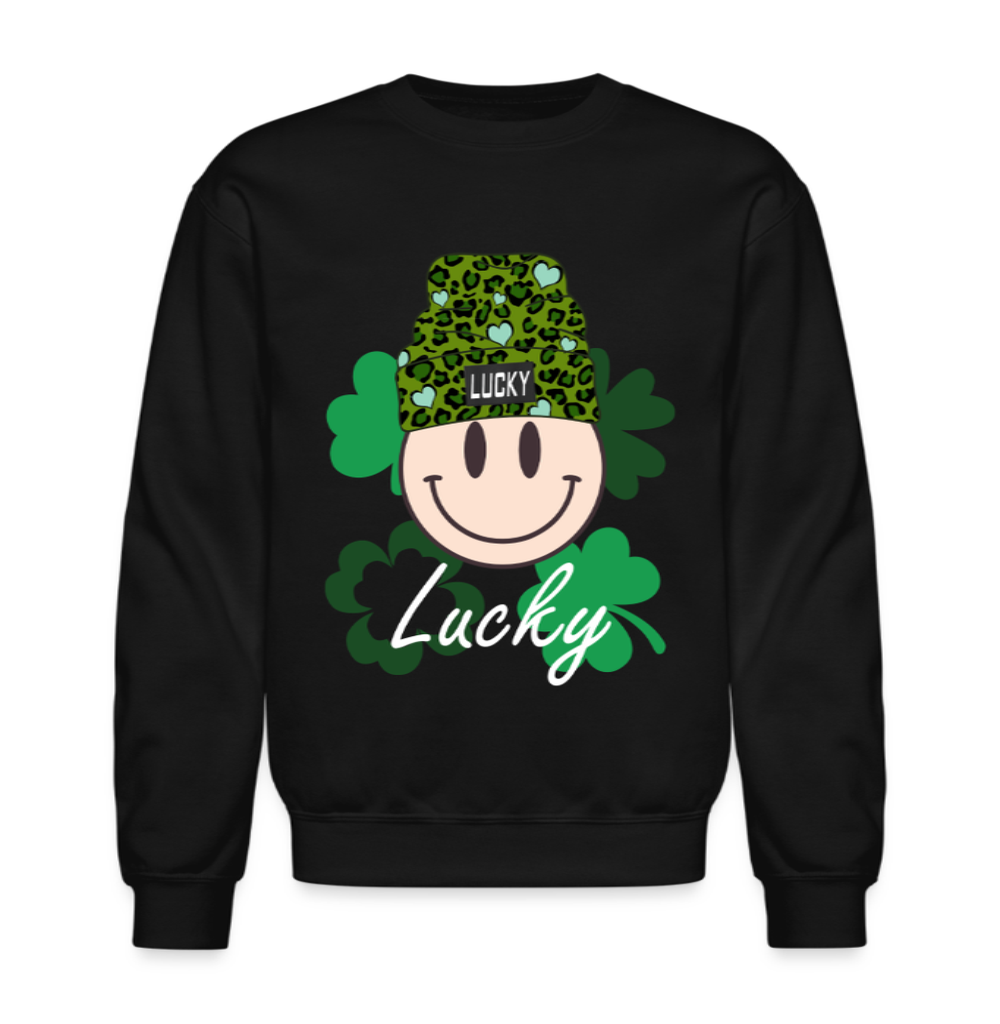 Women Lucky Smiley Face with Beanie Hat St. Patrick's Day Crewneck Long Sleeve Black Sweatshirt- black - NicholesGifts.online