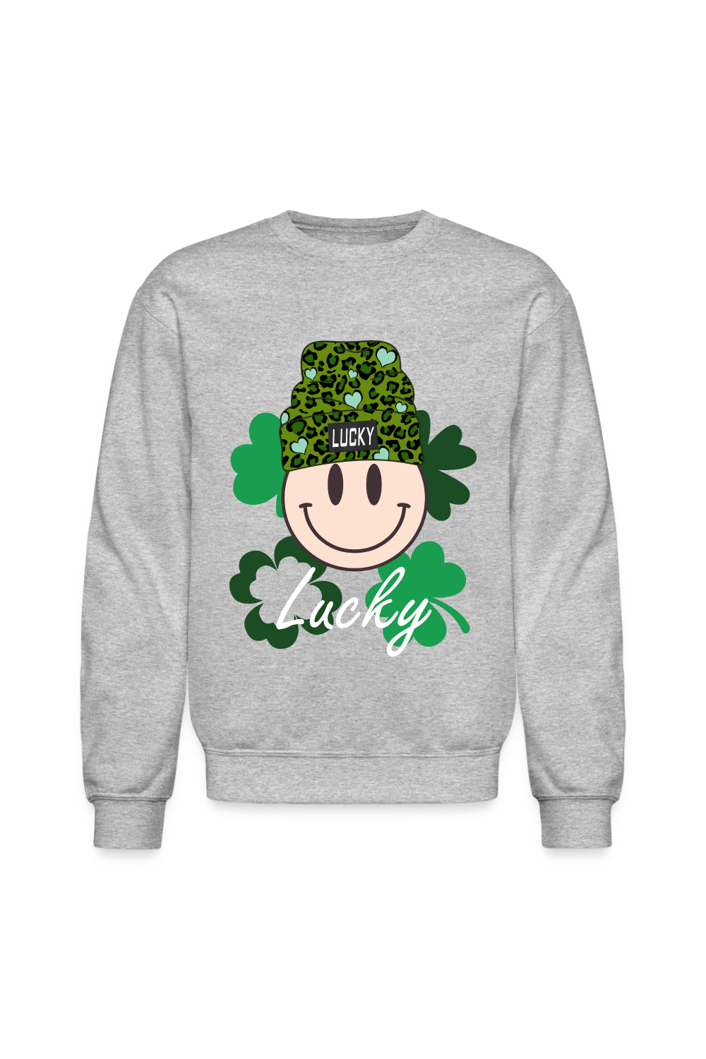 Women Lucky Smiley Face with Beanie Hat St. Patrick's Day Crewneck Long Sleeve Sweatshirt - heather gray - NicholesGifts.online