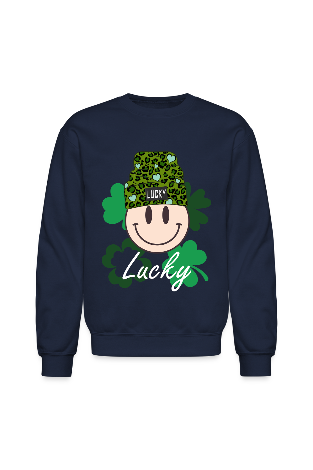 Women Lucky Smiley Face with Beanie Hat St. Patrick's Day Crewneck Long Sleeve Sweatshirt - navy - NicholesGifts.online