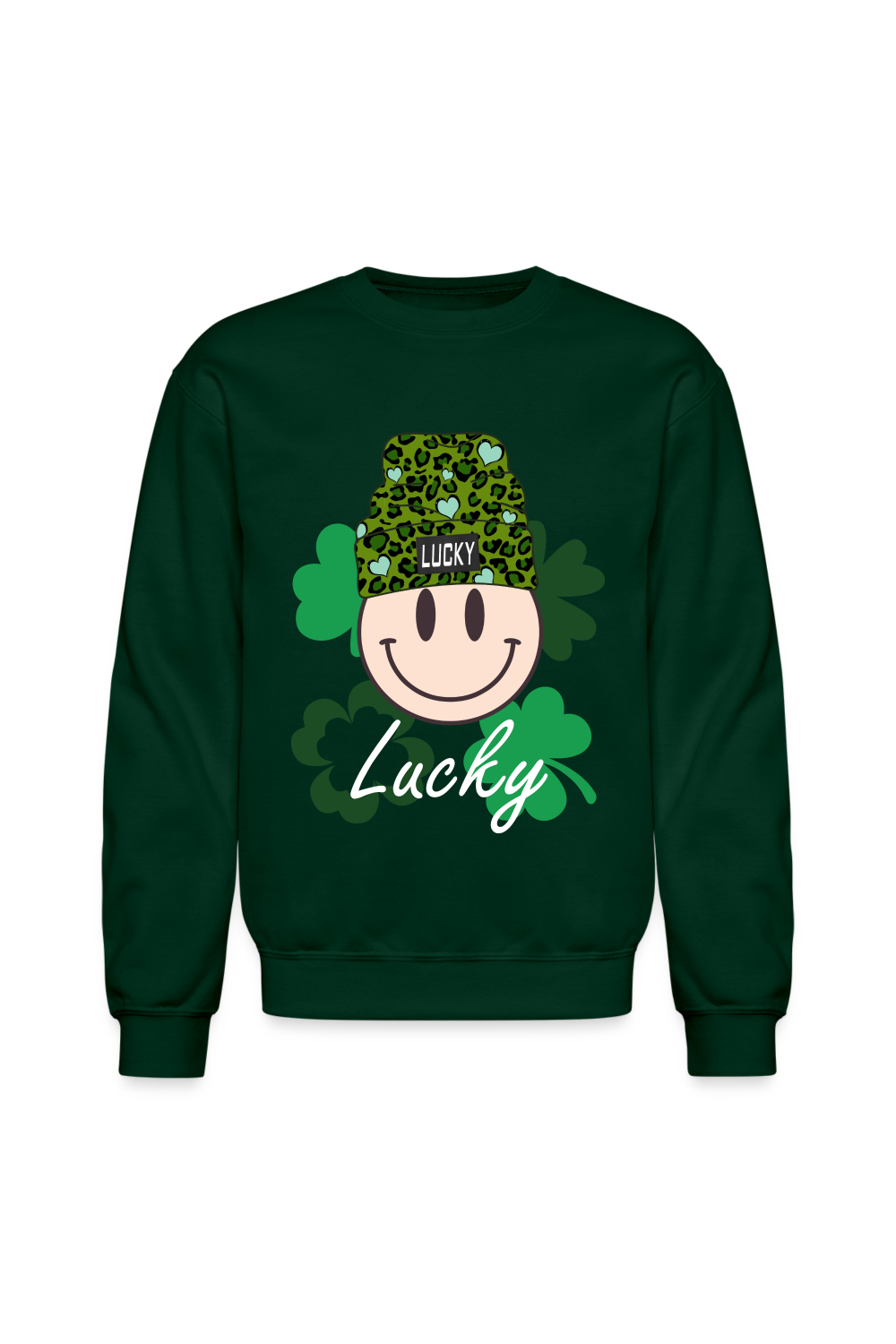 Women Lucky Smiley Face with Beanie Hat St. Patrick's Day Crewneck Long Sleeve Sweatshirt - forest green - NicholesGifts.online